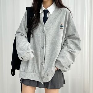 Preppy Style Open-front Sweatshirt Jacket with Bear Embroidery